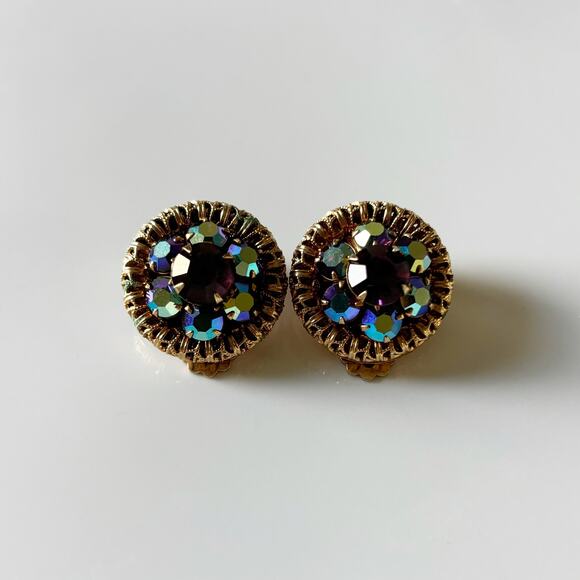 Vintage Aurora Borealis Rhinestone Clip On Earrings Blue Gold - Picture 4 of 11